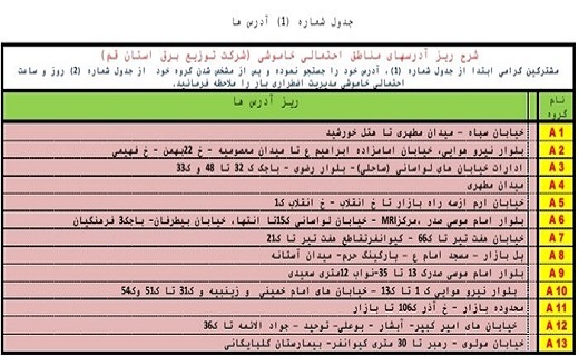 جدول خاموشیهای اضطراری پانزدهم شهریورماه درقم جدول خاموشیهای اضطراری پانزدهم شهریورماه درقم