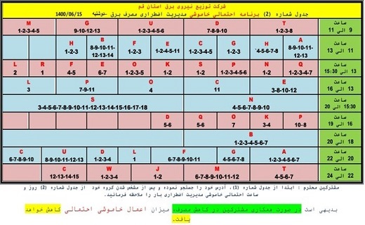 جدول خاموشیهای اضطراری پانزدهم شهریورماه درقم جدول خاموشیهای اضطراری پانزدهم شهریورماه درقم