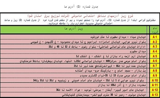 جدول خاموشیهای اضطراری هفدهم شهریورماه در قم جدول خاموشیهای اضطراری هفدهم شهریورماه در قم