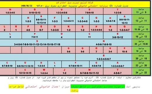 جدول خاموشی احتمالی بیست ودوم شهریورماه در قم