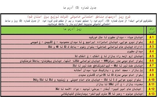 جدول خاموشی احتمالی بیست ودوم شهریورماه در قم
