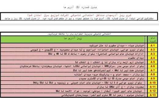 جدول خاموشی&zwnj;های اضطراری هفتم شهریورماه در قم
