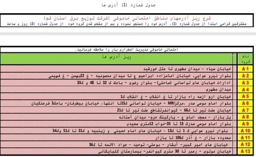 جدول خاموشی&zwnj;های اضطراری نهم شهریورماه در قم