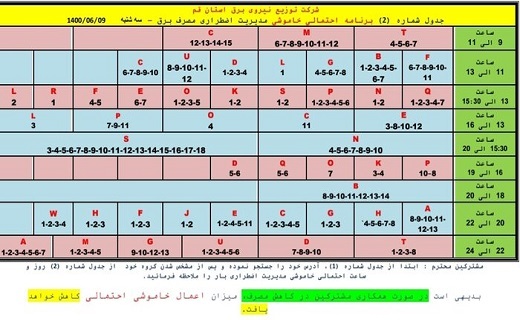 جدول خاموشی&zwnj;های اضطراری نهم شهریورماه در قم
