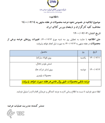 زمان بندی عرضه&zwnj;های بورس کالا در هفته جاری اعلام شد