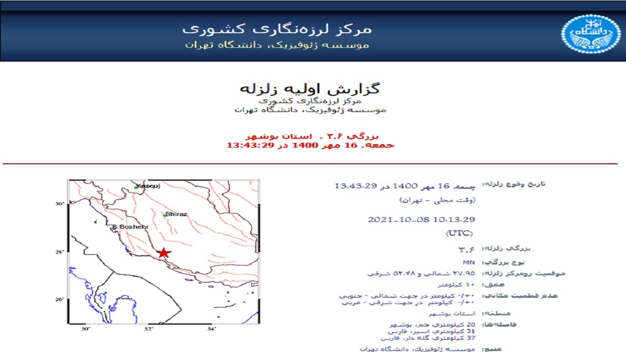 زلزله ۳.۶ ریشتری جم را تکان داد