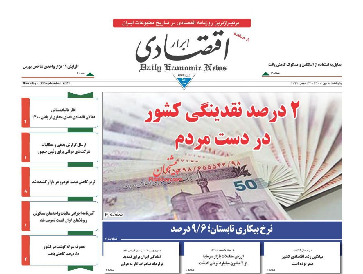 روزنامه ۲ درصد نقدینگی کشور در دست مردم/ پیامدهای کاهش تقاضا در بازار/ پیام خیز معاملات مسکن