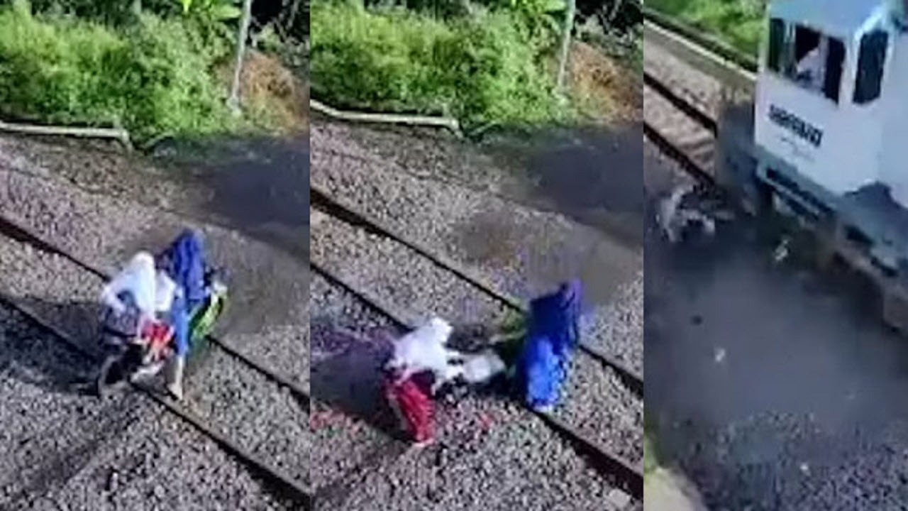 فرار آخرین لحظه مادر و فرزندانش از تصادف با قطار