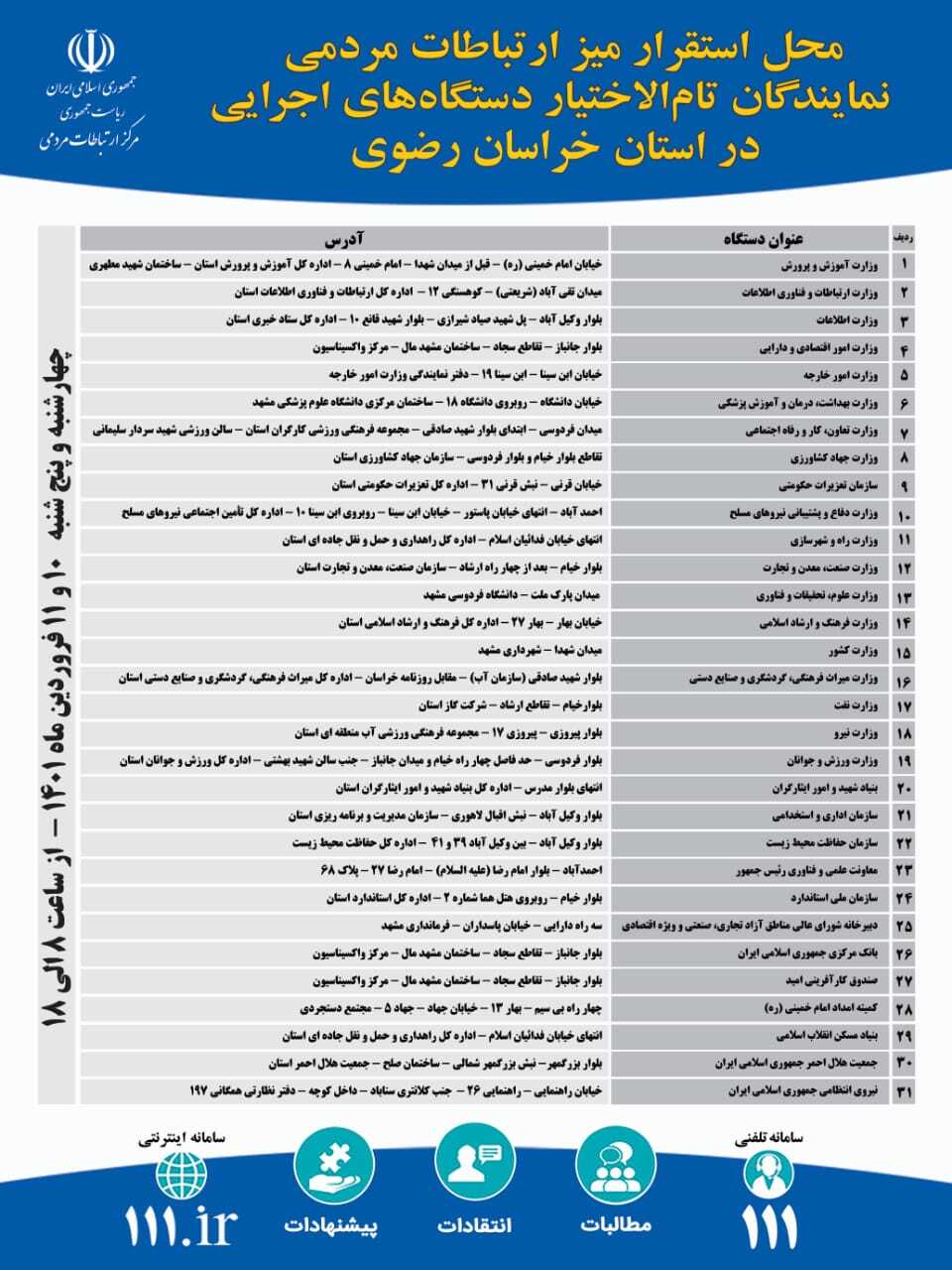 راه اندازی ۳۱ میز ارتباطات مردمی در مشهد