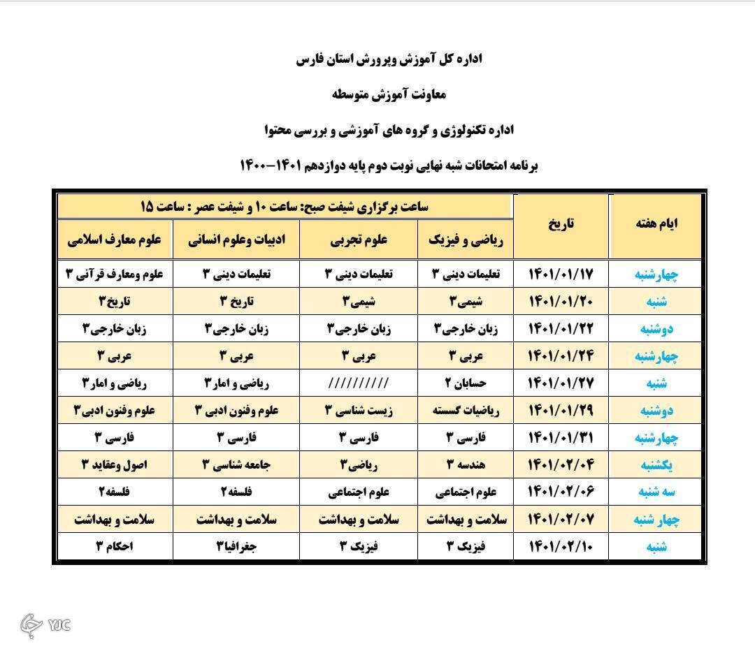 اعلام برنامه زمان&zwnj;بندی آزمون شبه نهایی پایه دوازدهم در فارس