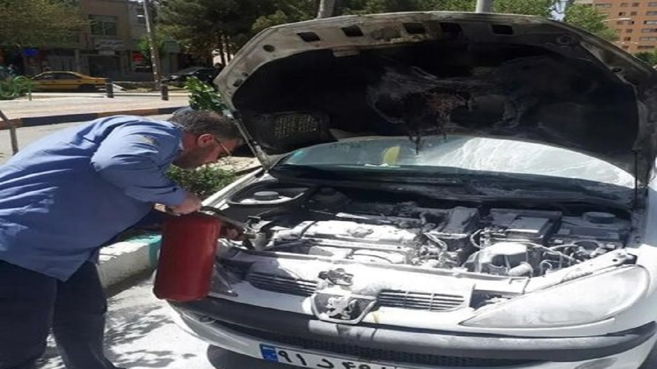 آتش خودروی ۲۰۶ به دست راننده اتوبوس اطفا شد