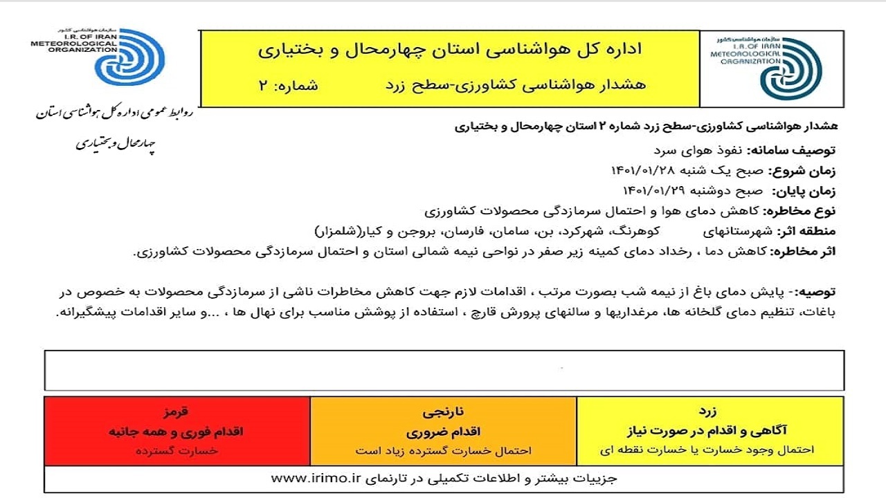 کاهش دمای هوا و احتمال سرمازدگی محصولات کشاورزی در چهارمحال و بختیاری
