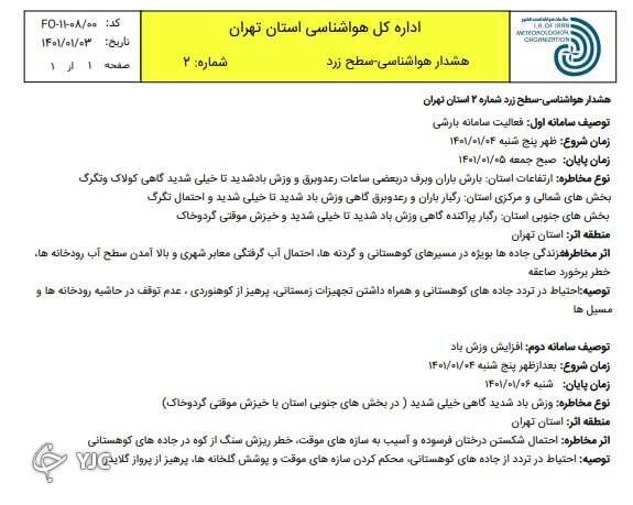 وزش باد شدید طی فردا در تهران