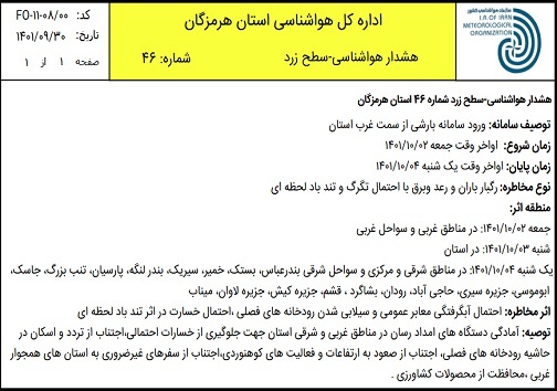 موج بارشی فردا شب از سمت غرب وارد هرمزگان میشود/ صدور هشدار دریایی سطح نارنجی موج بارشی فردا شب از سمت غرب وارد هرمزگان میشود/ صدور هشدار دریایی سطح نارنجی
