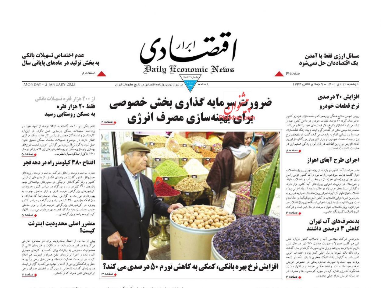 صفحه نخست روزنامه ابرار اقتصادی