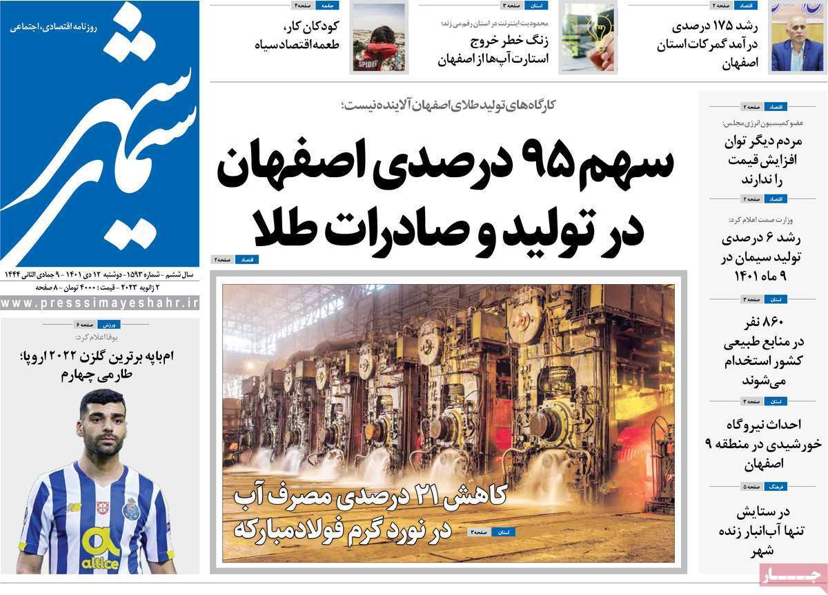 نیم صفحه نخست روزنامه&zwnj;های اصفهان - دوشنبه ۱۲ دی