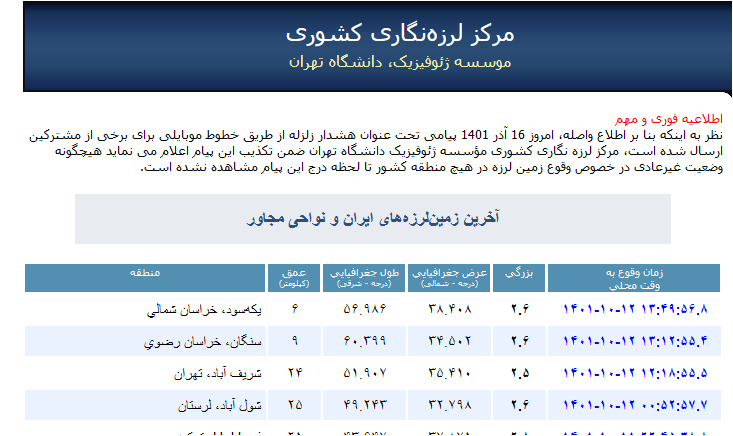 زلزله در تهران به بزرگی ۲.۵ ریشتر