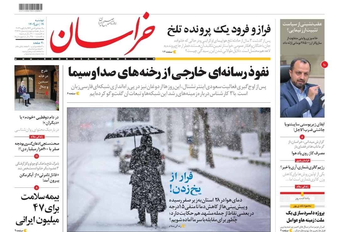 صفحه نخست روزنامه&zwnj;های خراسان رضوی - دوشنبه ۱۹ دی