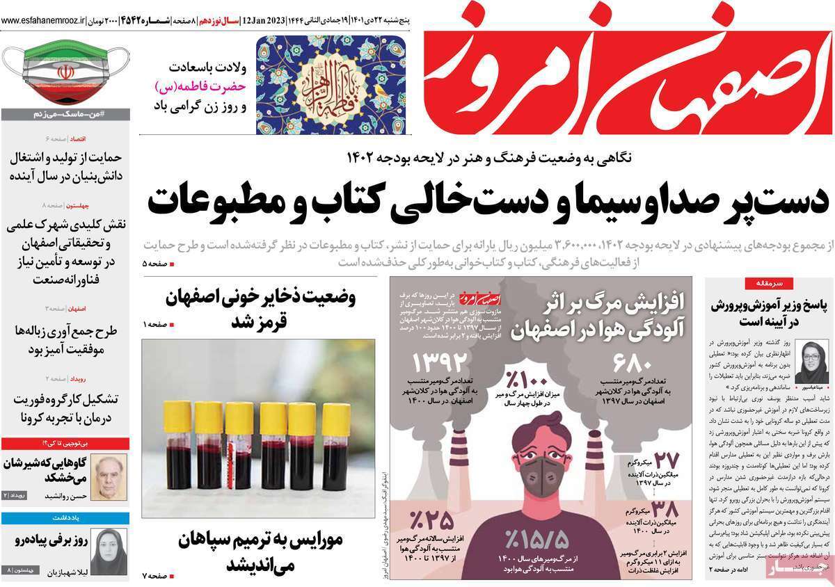نیم صفحه نخست روزنامه&zwnj;های اصفهان - پنج شنبه ۲۲ دی