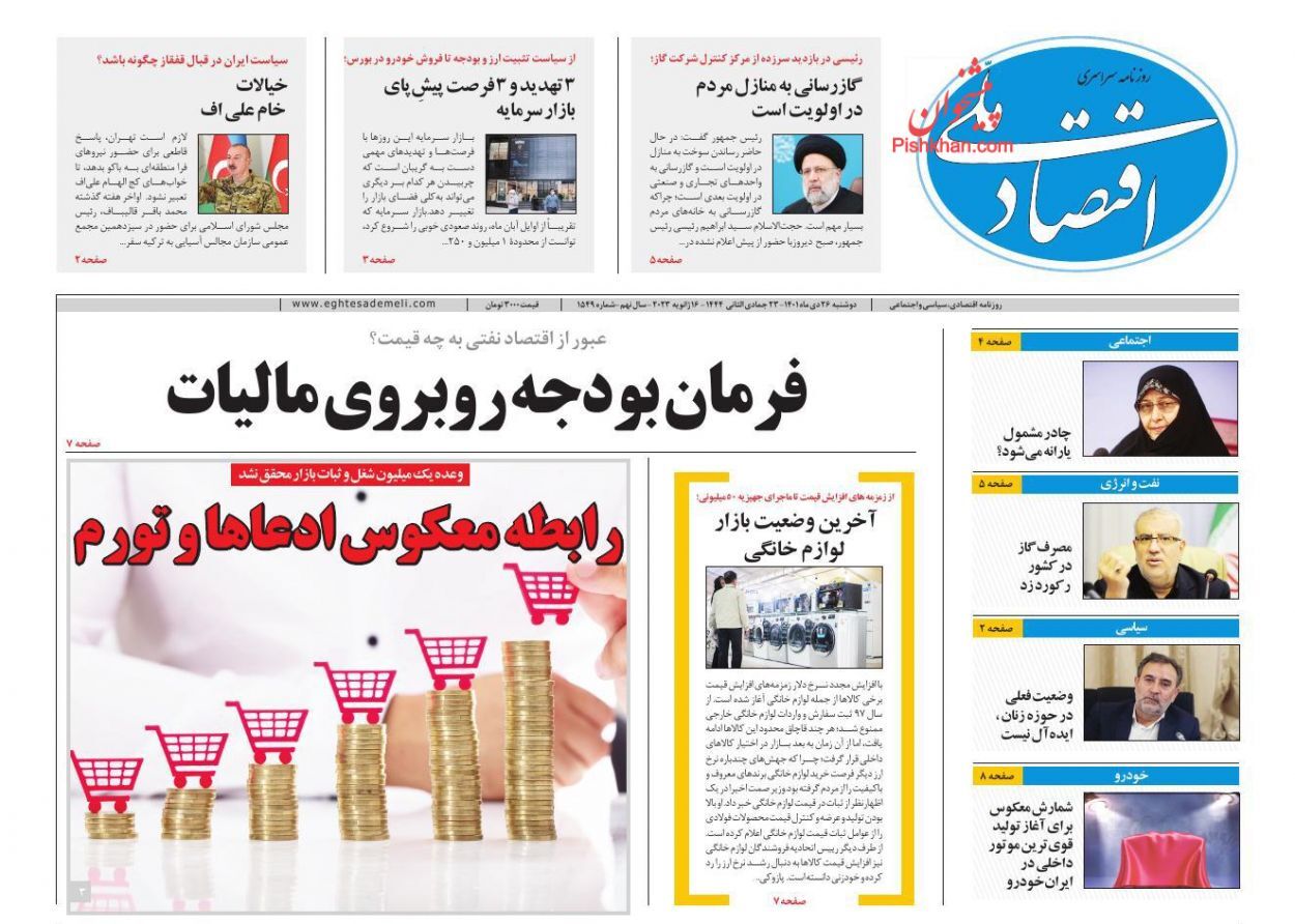 صفحه نخست روزنامه اقتصاد ملی