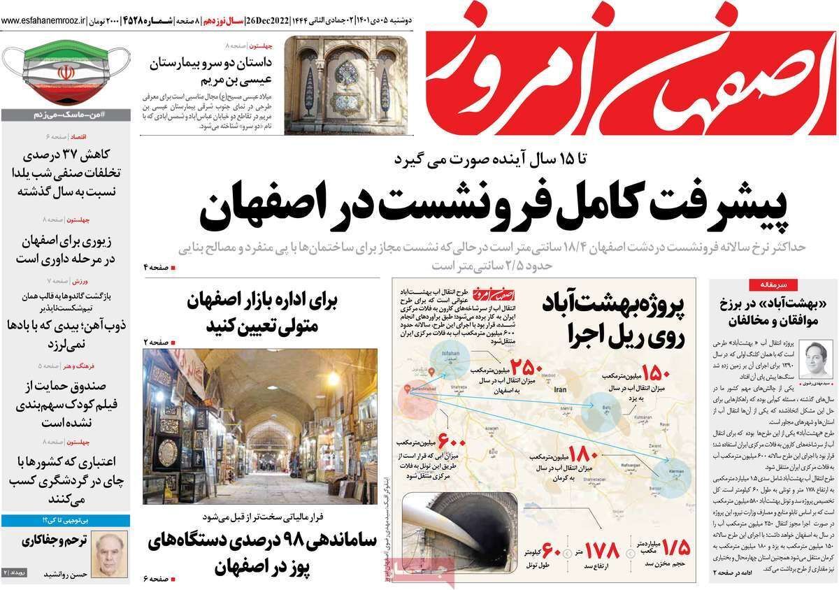 نیم صفحه نخست روزنامه&zwnj;های اصفهان - دوشنبه ۵ دی
