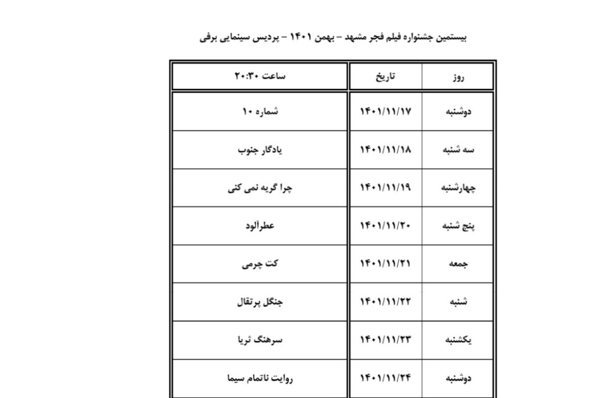 اعلام جدول اکران فیلم&zwnj;های جشنواره فجر در سینماهای مشهد