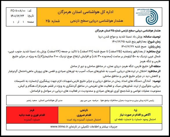 هشدار دریایی سطح نارنجی هواشناسی هرمزگان