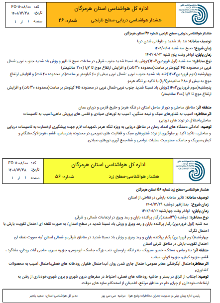 هشدار طوفانی شدندریا و رگبار باران و رعد و برق