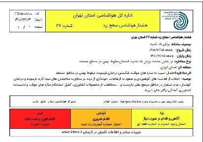 هشدار زرد هواشناسی و وزش باد شدید برای استان تهران