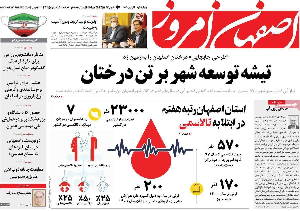 صفحه نخست روزنامه&zwnj;های اصفهان - چهارشنبه ۲۱ اردیبهشت
