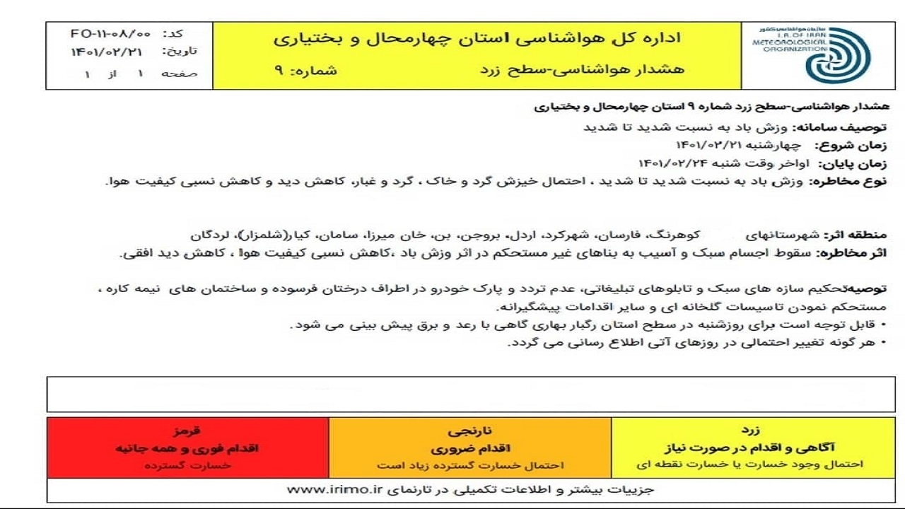 هشدار وزش باد به نسبت شدید در چهارمحال و بختیاری