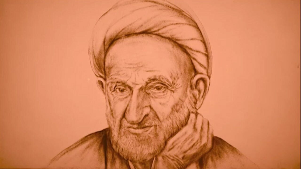 نقاشی شنی از عکس پرتره آیت الله بهجت به مناسبت سالروز وفات او + فیلم