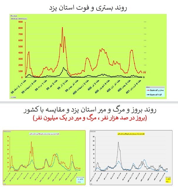 بستری و فوت کرونا در استان یزد
