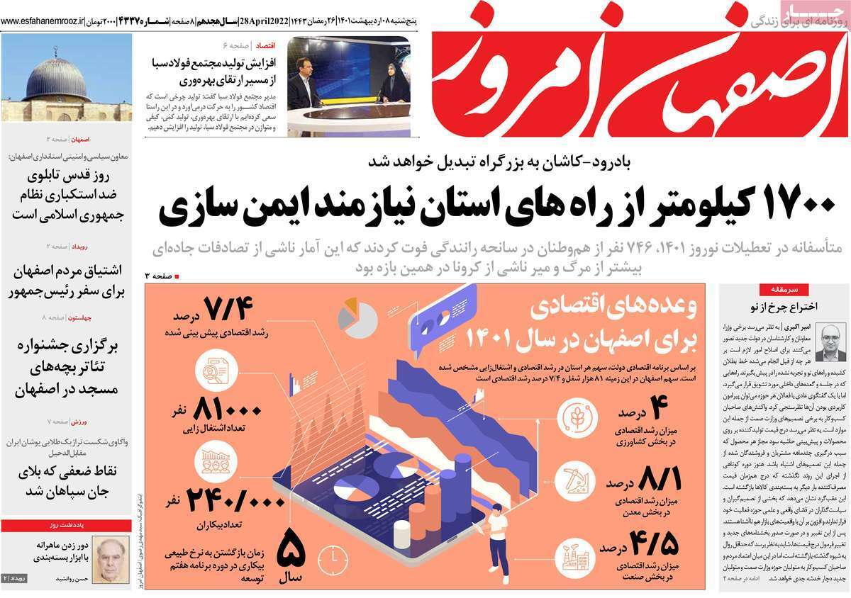 صفحه نخست روزنامه&zwnj;های اصفهان - پنج شنبه ۸ اردیبهشت