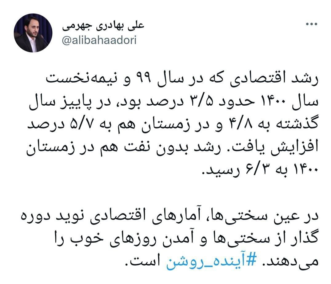 رشد اقتصادی بدون نفت در زمستان ۱۴۰۰ به ۶/۳ رسیده است رشد اقتصادی بدون نفت در زمستان ۱۴۰۰ به ۶/۳ رسیده است
