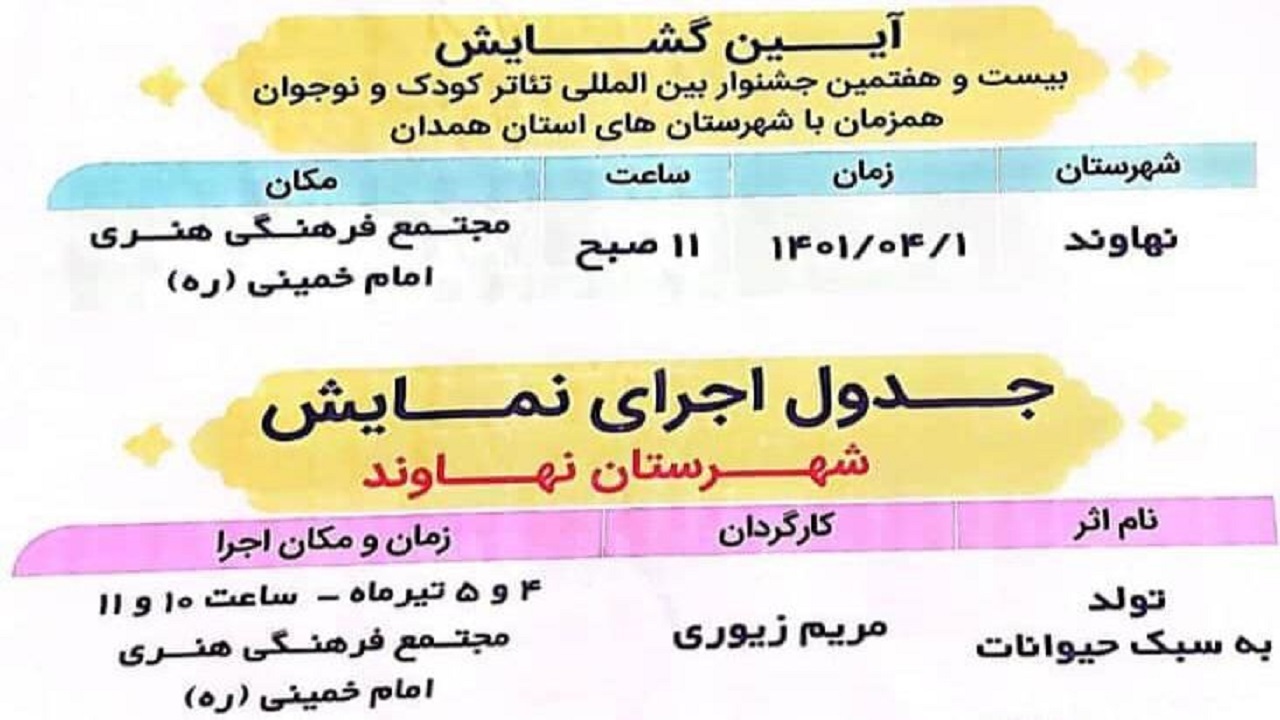نهاوند هم میزبان اجرای نمایش‌های بیست و هفتمین جشنواره بین‌المللی تئاتر کودک و نوجوان است