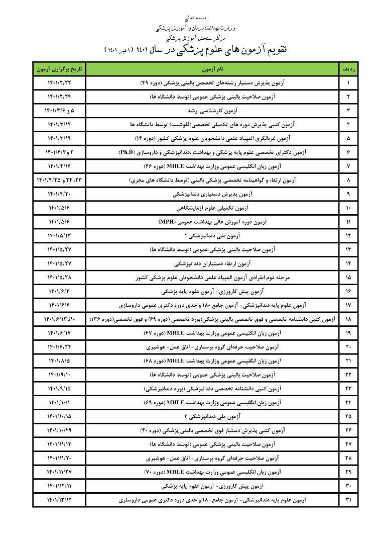 تقویم آزمونهای علوم پزشکی سال ١۴٠١ تقویم آزمونهای علوم پزشکی سال ١۴٠١