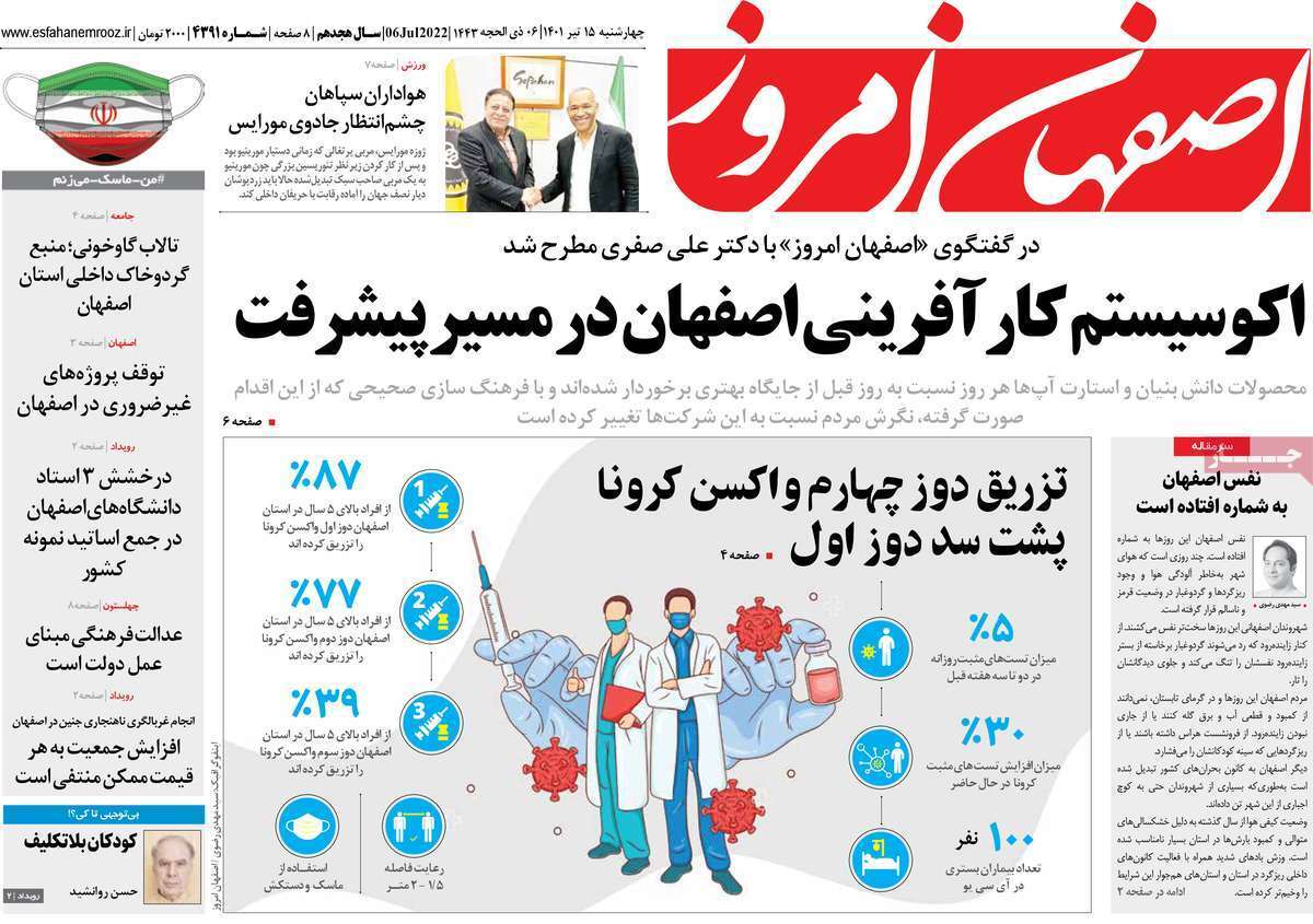 صفحه نخست روزنامه&zwnj;های اصفهان - چهارشنبه ۱۵ تیر