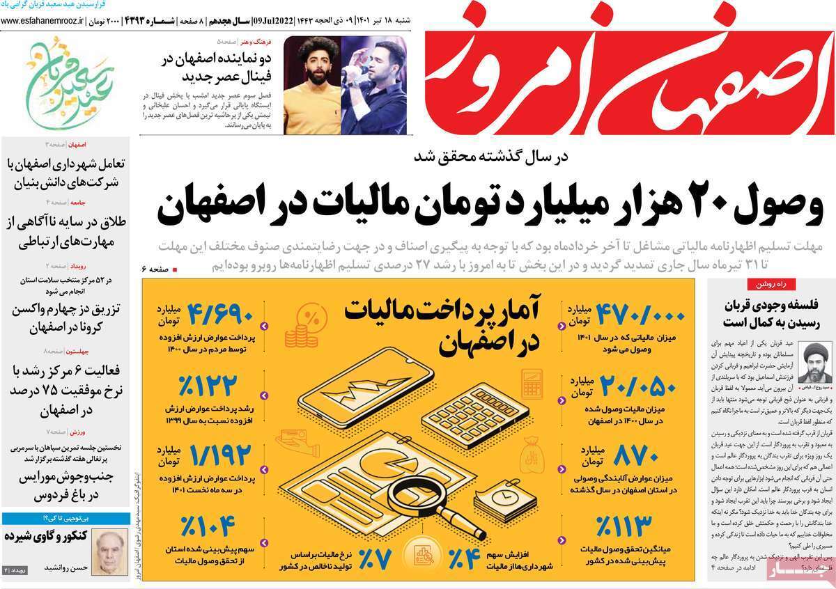 صفحه نخست روزنامه&zwnj;های اصفهان - شنبه ۱۸ تیر