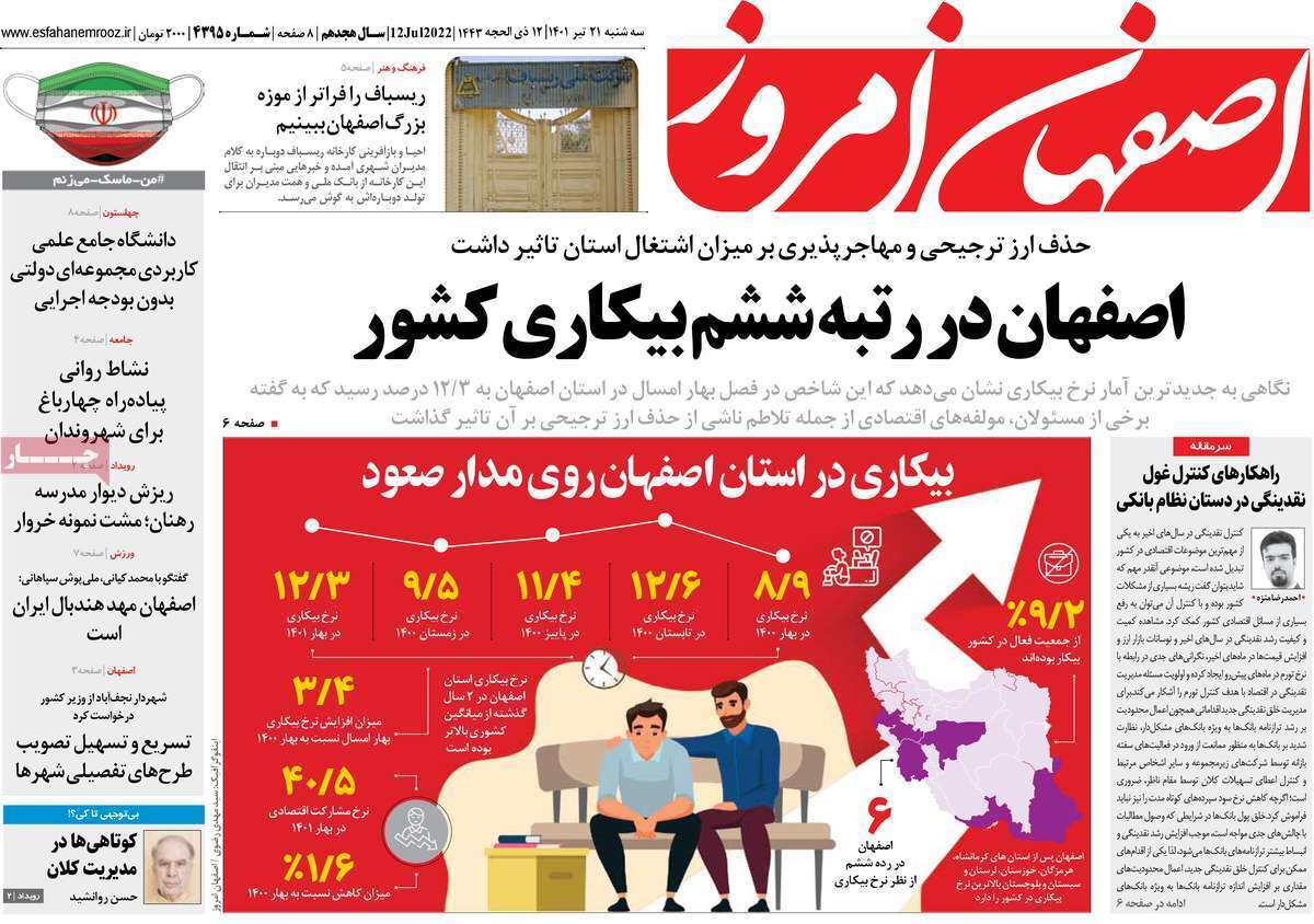 صفحه نخست روزنامه&zwnj;های اصفهان - سه شنبه ۲۱ تیر