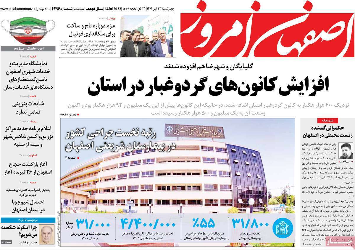 صفحه نخست روزنامه&zwnj;های استانی - چهارشنبه ۲۲ تیر
