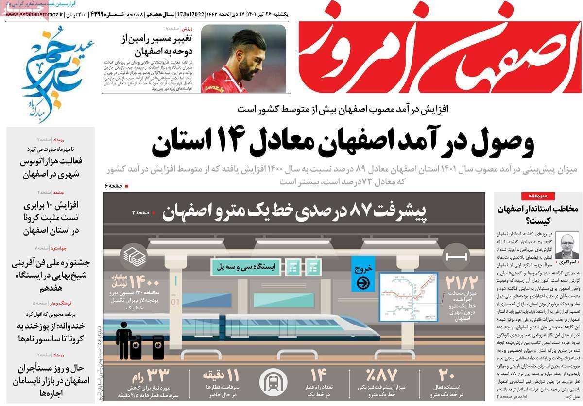 صفحه نخست روزنامه&zwnj;های اصفهان - یکشنبه ۲۶ تیر
