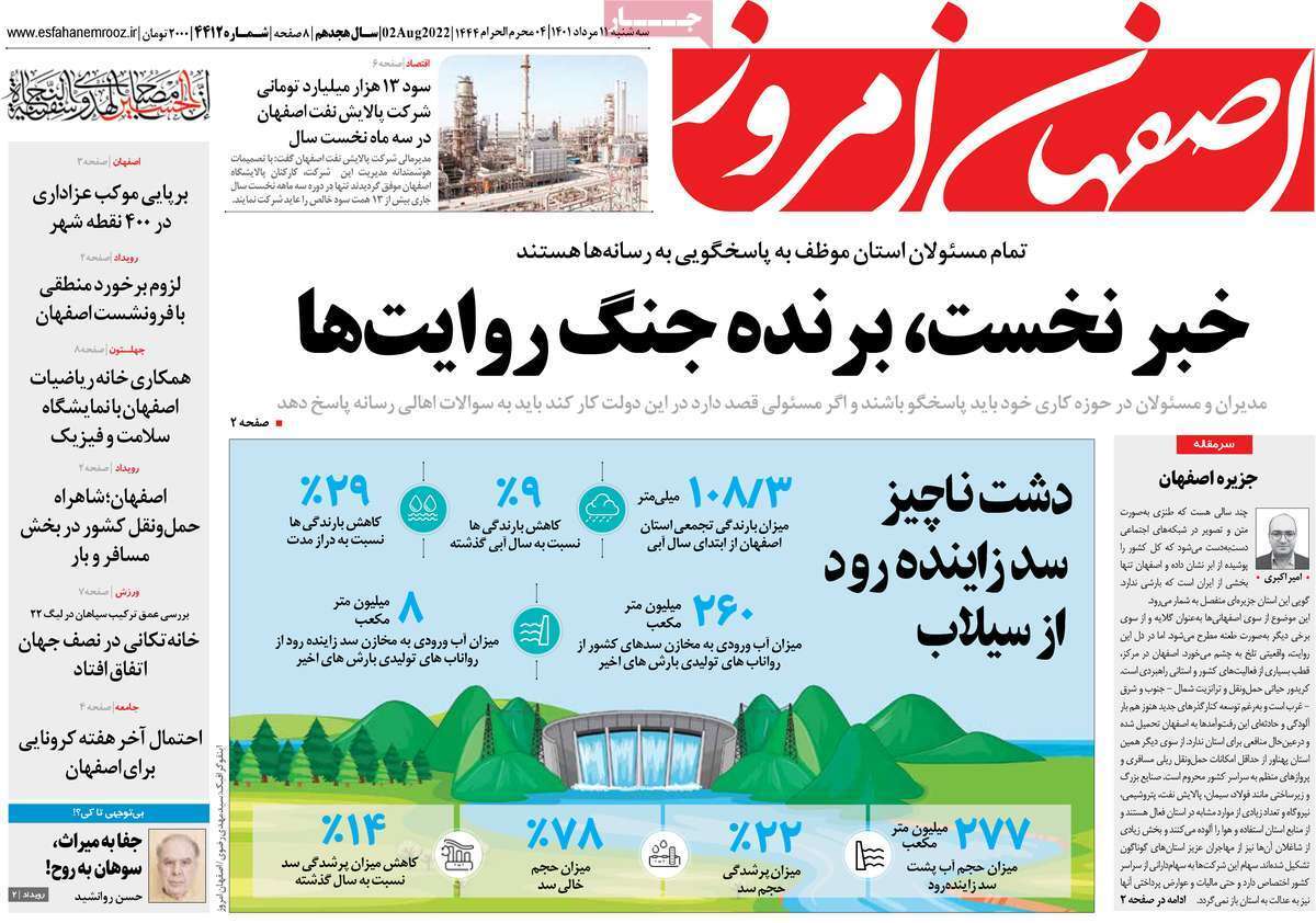 صفحه نخست روزنامه&zwnj;های اصفهان - سه شنبه ۱۱ مرداد