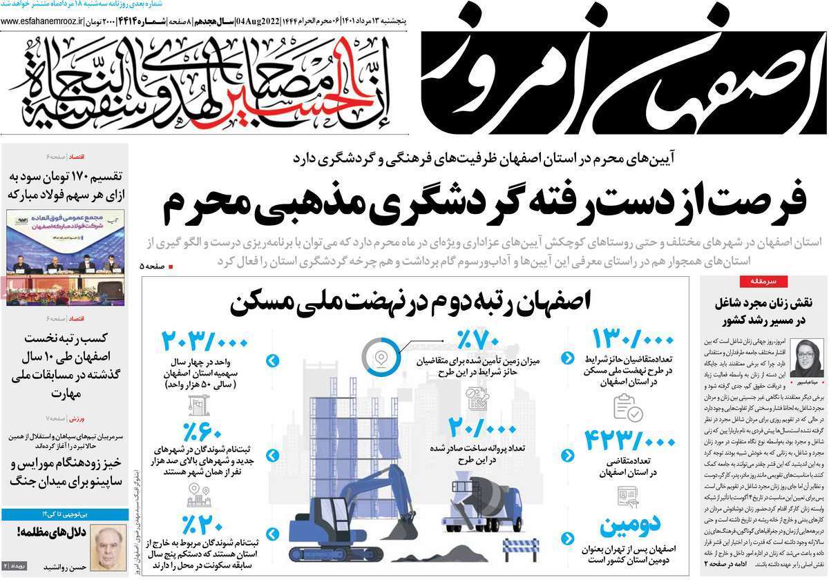 صفحه نخست روزنامه&zwnj;های اصفهان - پنج شنبه ۱۳ مرداد
