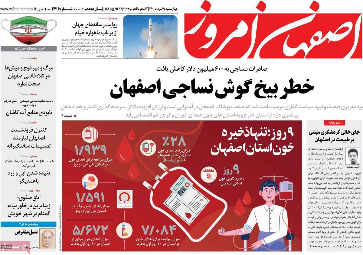 صفحه نخست روزنامه&zwnj;های استانی - چهارشنبه ۱۹ مرداد