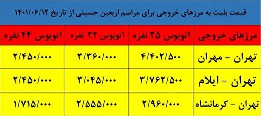 بلیت اتوبوس تهران -مهران به ۴۴۰ هزار و ۲۵۰ تومان رسید