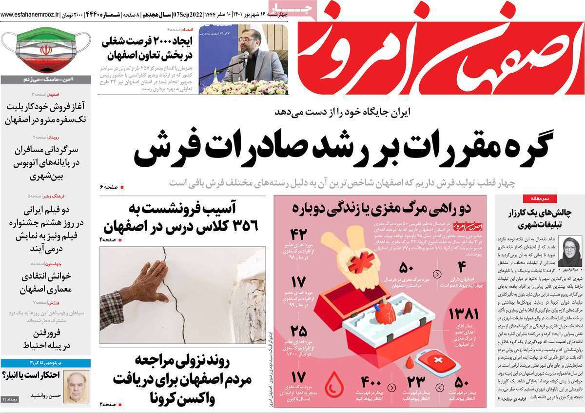 صفحه نخست روزنامه&zwnj;های اصفهان - چهار شنبه ۱۶ شهریور
