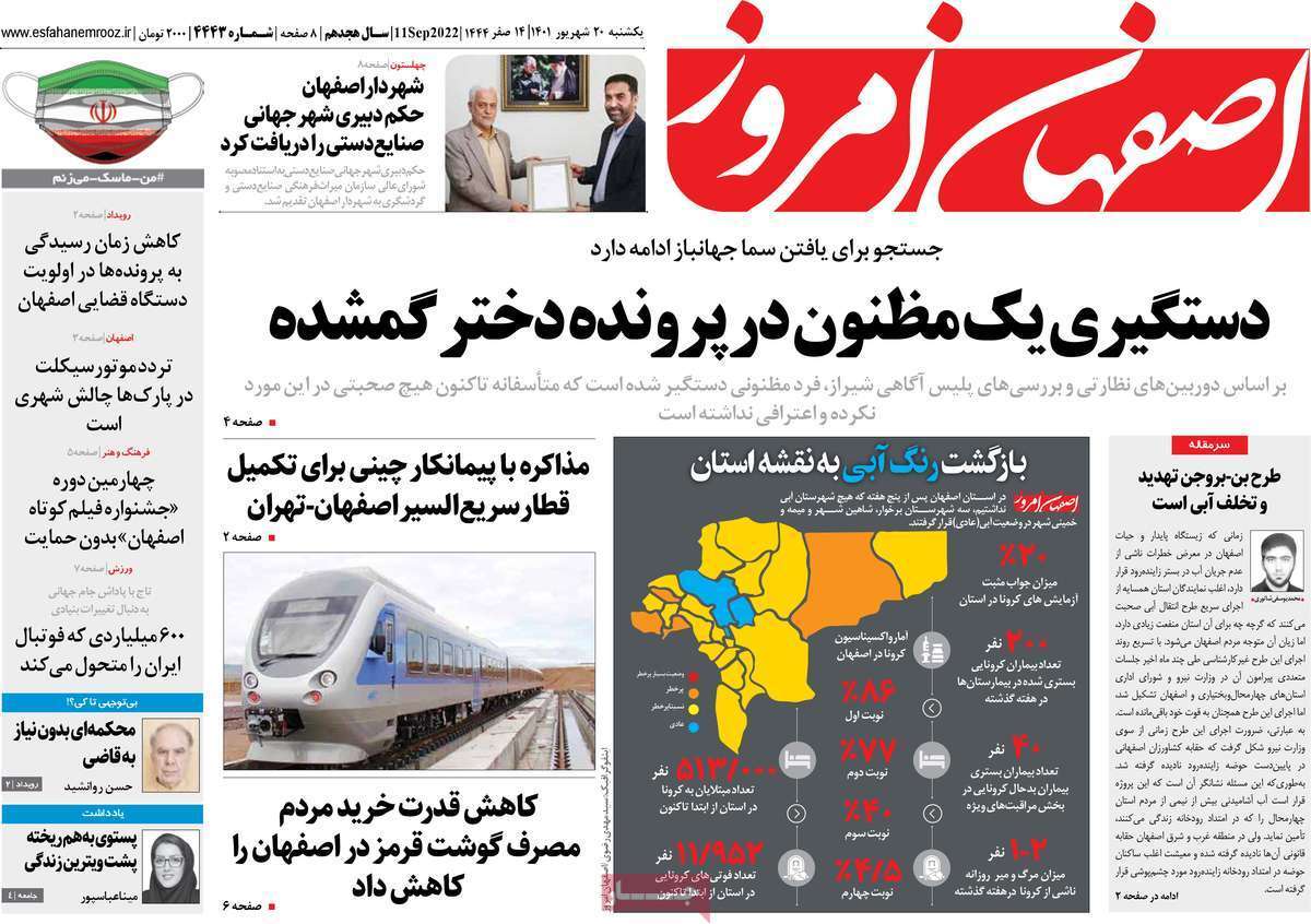 صفحه نخست روزنامه&zwnj;های اصفهان - یکشنبه ۲۰ شهریور