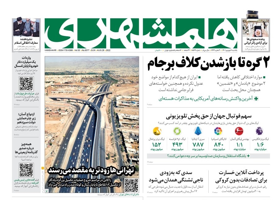 صفحه نخست روزنامه&zwnj;ها - یکشنبه ۶ شهریور