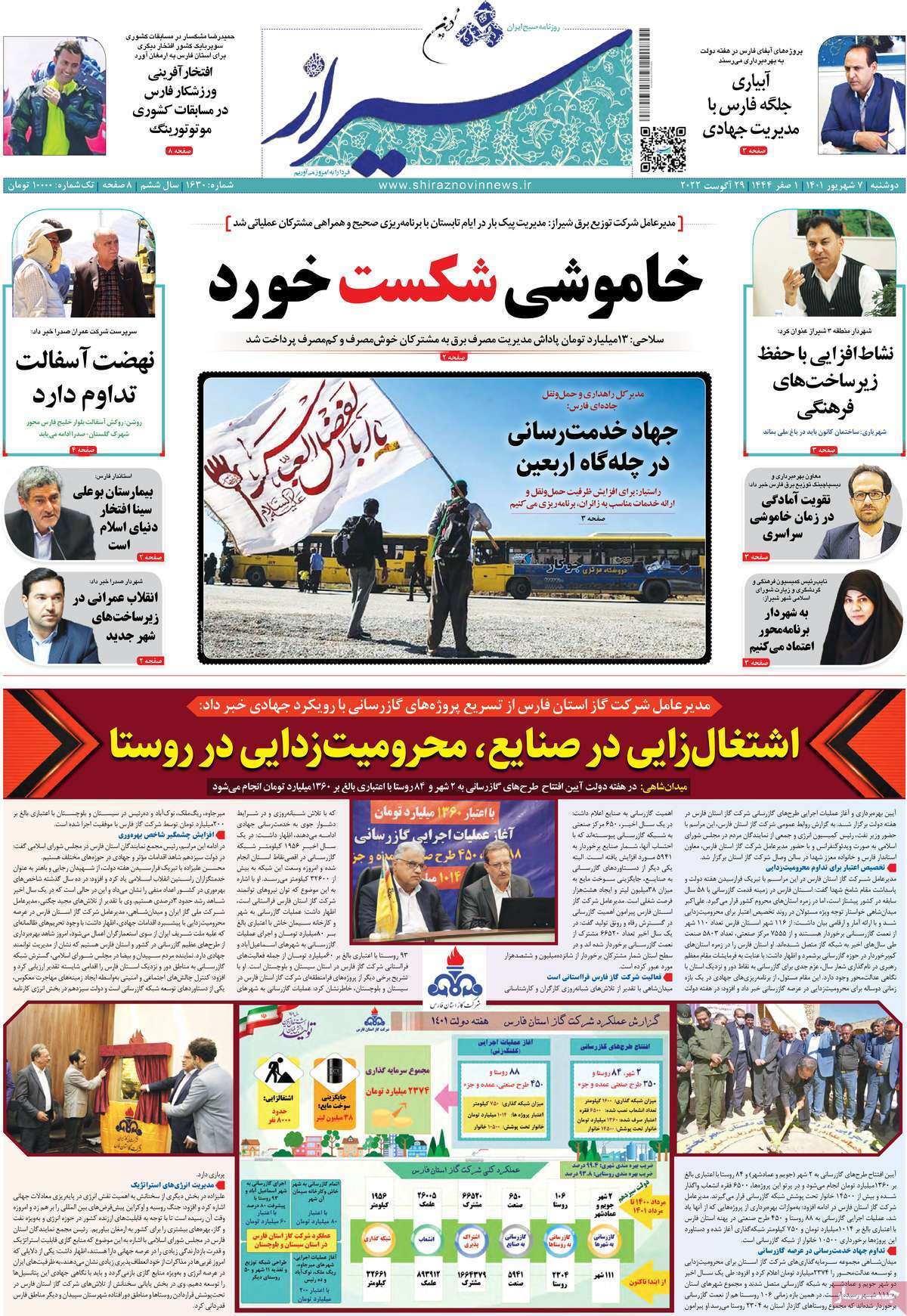 صفحه نخست روزنامه&zwnj;های استانی - دوشنبه ۷ شهریور